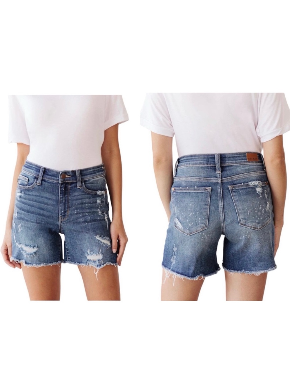 JUDY BLUE Women Size L Medium Wash Beach Splash Distressed Cut Off Denim Shorts
